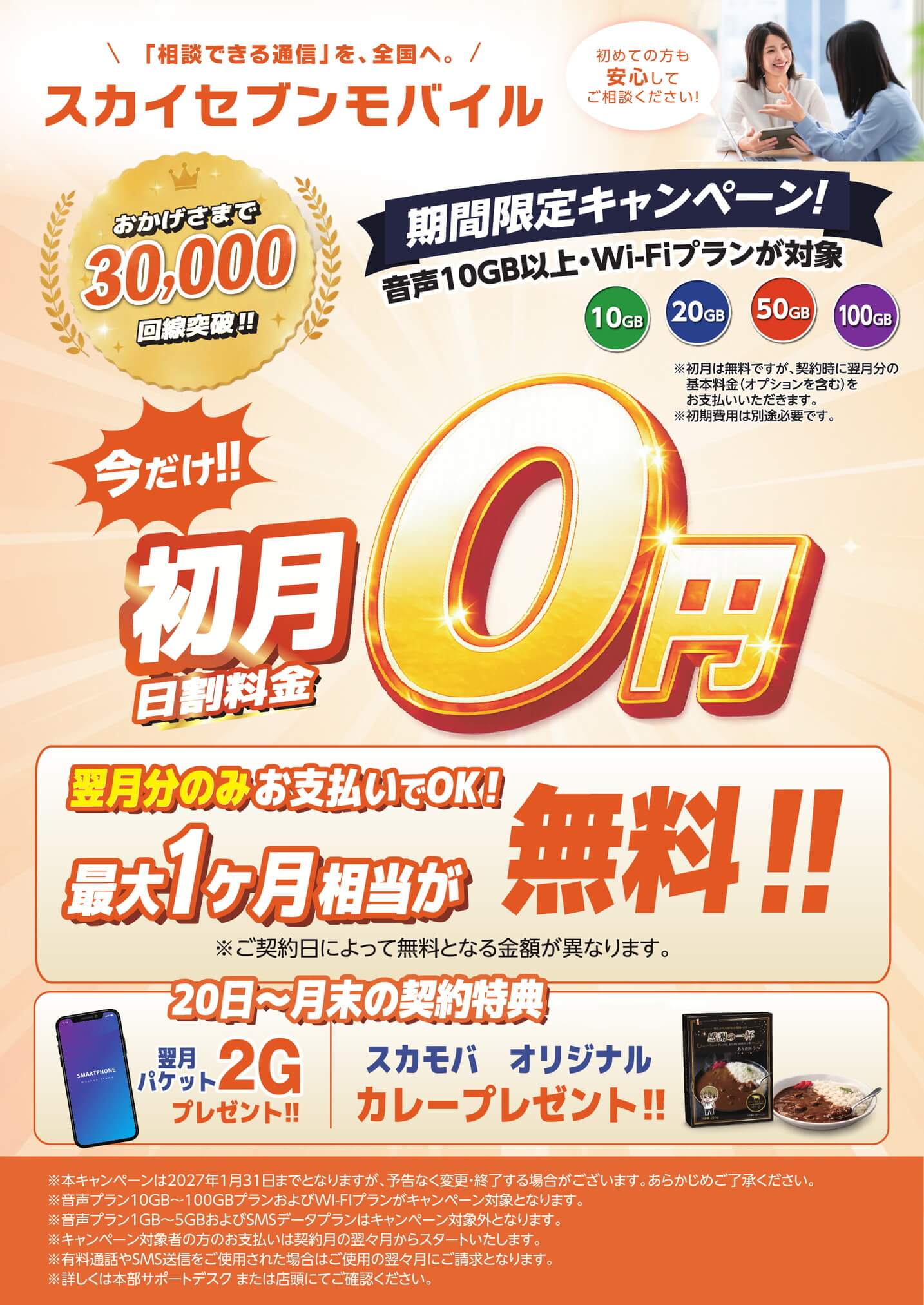 期間限定キャンペーン！音声10GB以上・Wi-Fiプランが対象 初月日割料金最大1か月相当が無料！