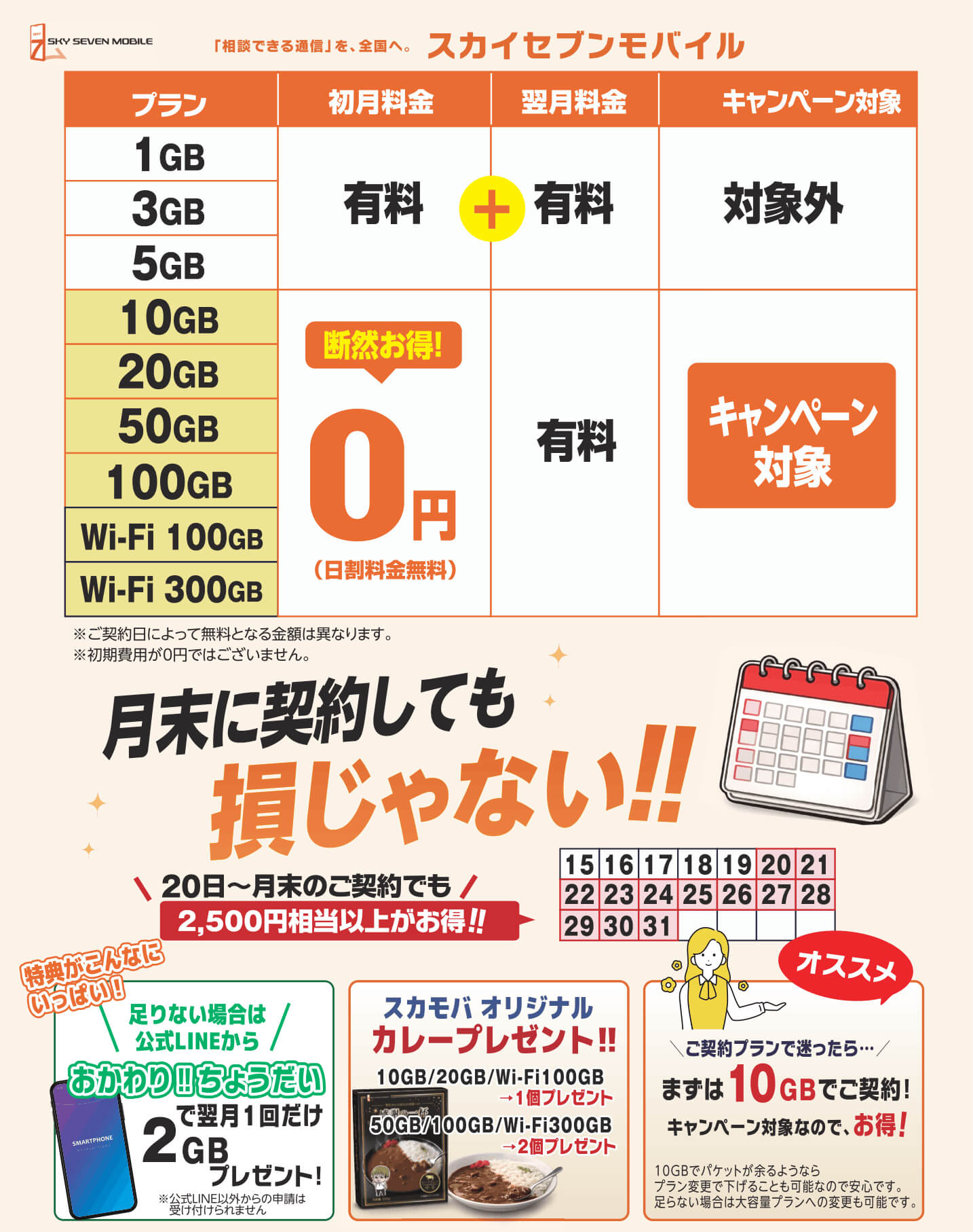 月末に契約しても損じゃない！20日～月末のご契約でも2,500円相当以上がお得！特典がこんなにいっぱい！翌月1回だけ2GBプレゼント！スカモバオリジナルカレープレゼント！