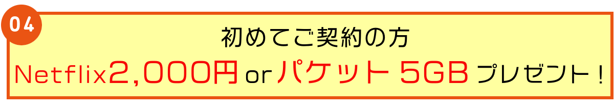 初めてご契約の方 Netflix2,000円orパケット5GBプレゼント!