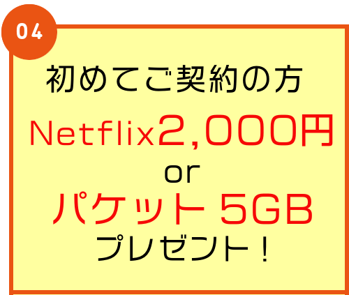 初めてご契約の方 Netflix2,000円orパケット5GBプレゼント!